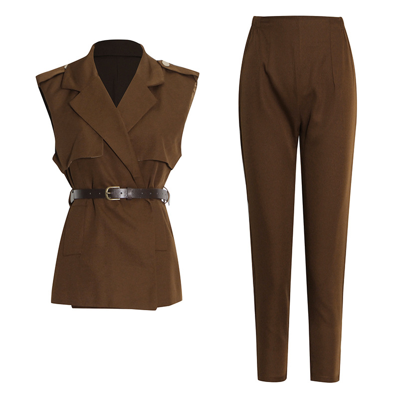 Splicing Sleeveless Tie Belt Vest + High Waist Straight Pants