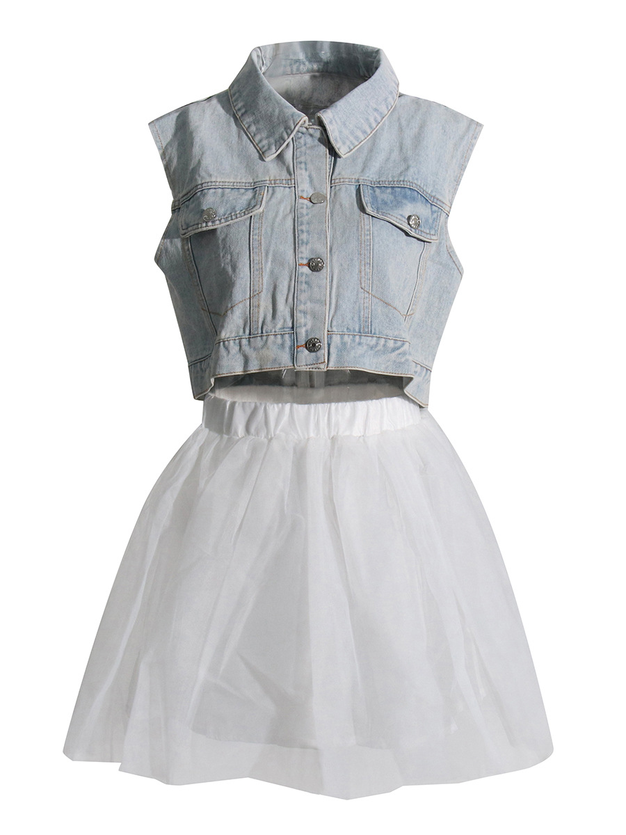 Vest Denim Jacket + Half Body Sarong Casual Set