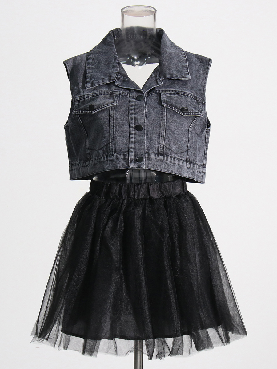 Vest Denim Jacket + Half Body Sarong Casual Set