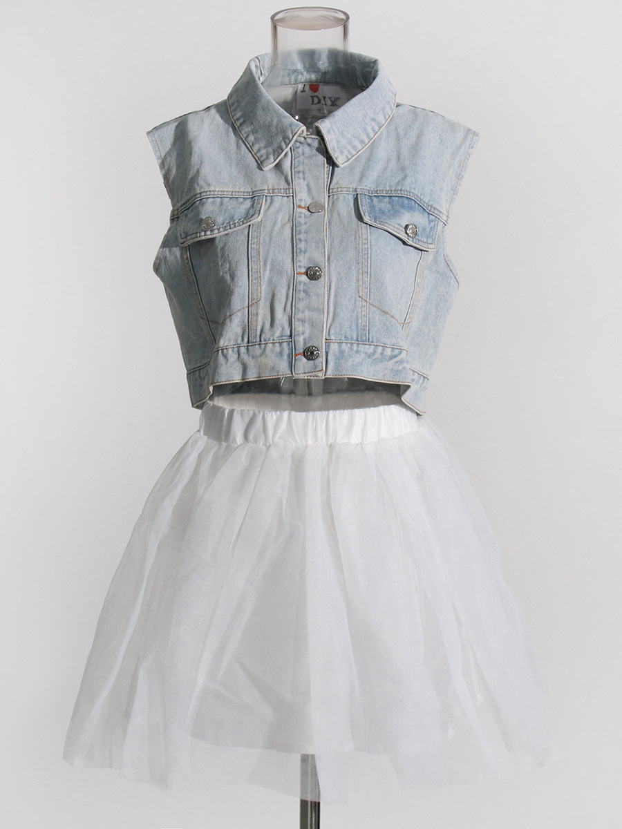Vest Denim Jacket + Half Body Sarong Casual Set