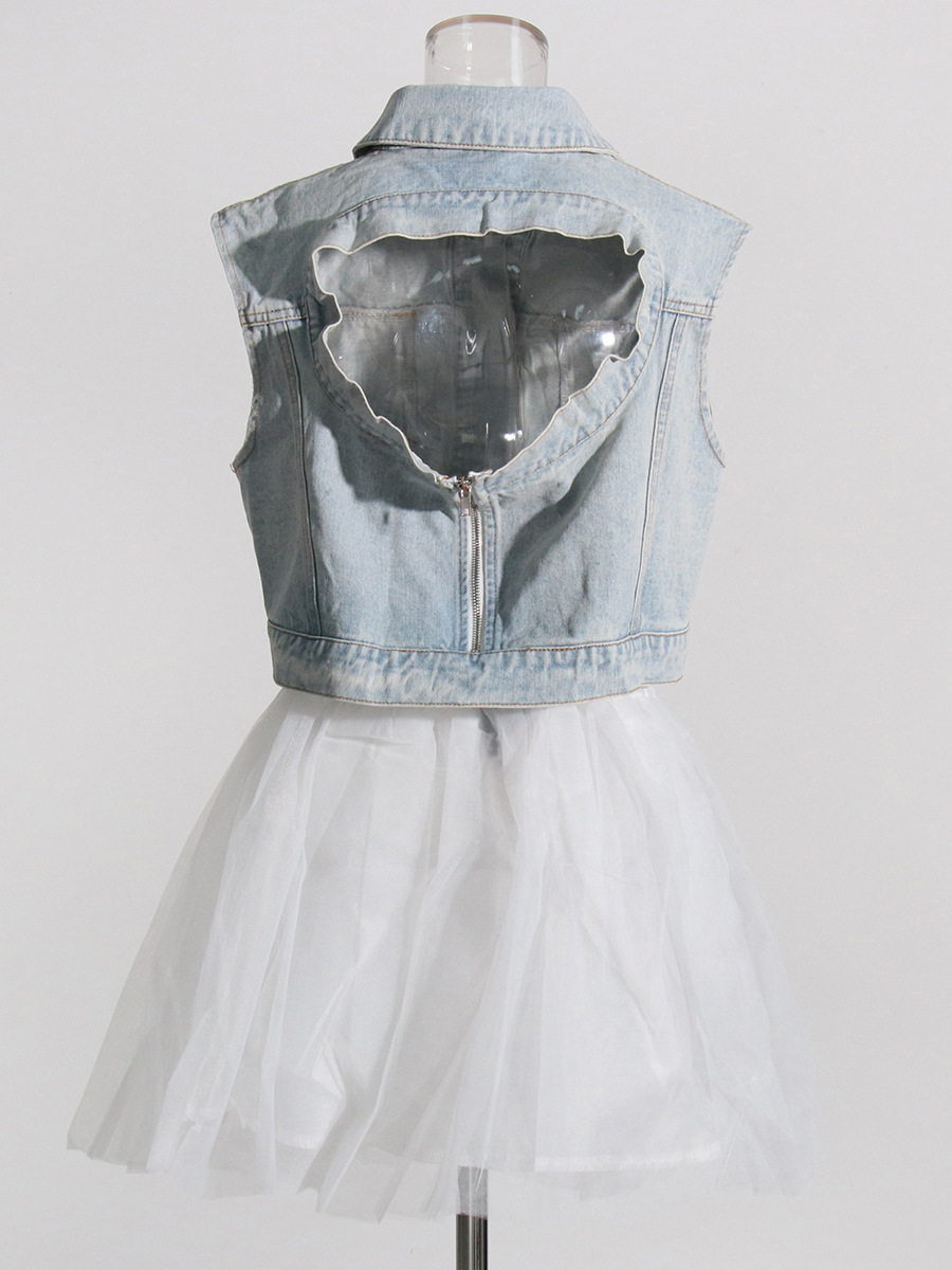 Vest Denim Jacket + Half Body Sarong Casual Set