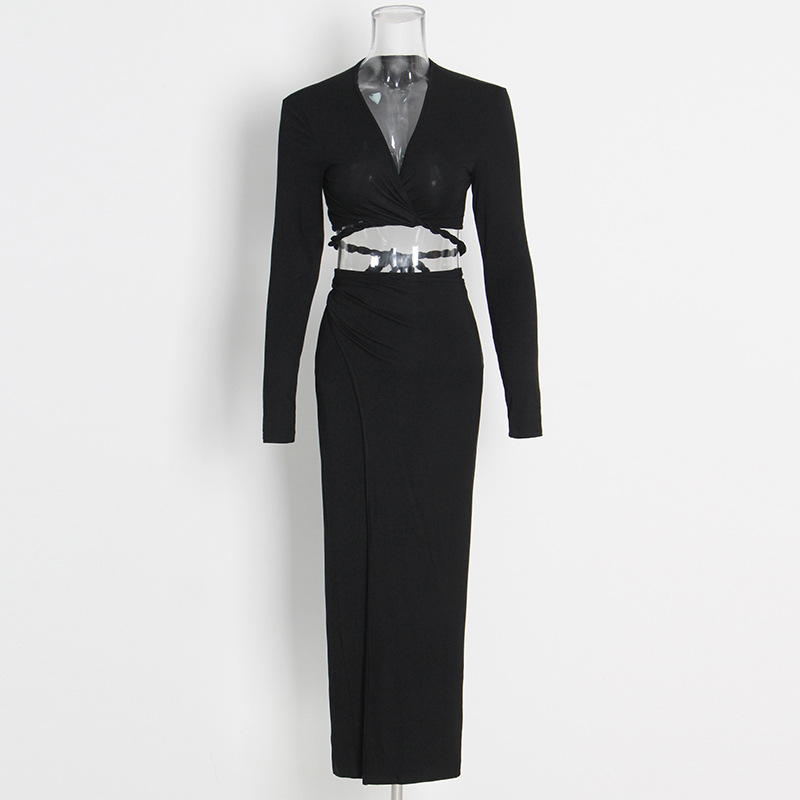 V-Neck Long-Sleeved Shirt High Waist Open Hip Skirt