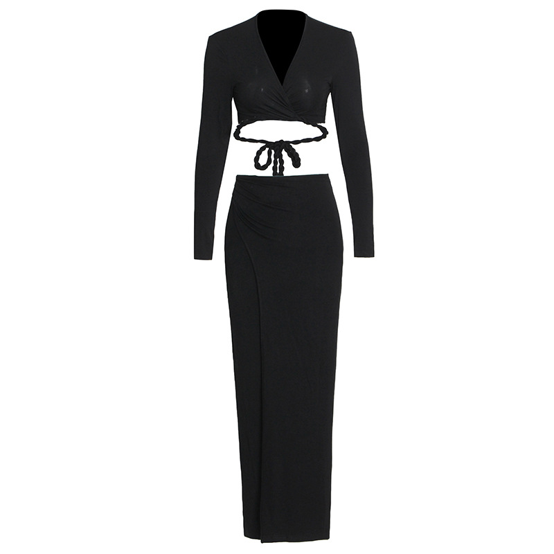 V-Neck Long-Sleeved Shirt High Waist Open Hip Skirt