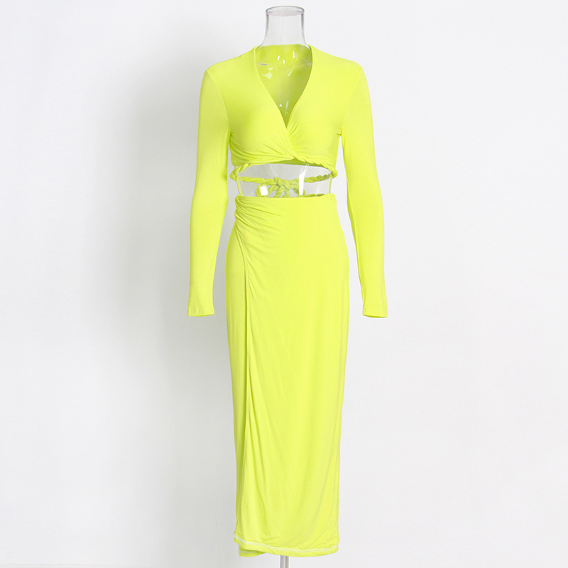 V-Neck Long-Sleeved Shirt High Waist Open Hip Skirt