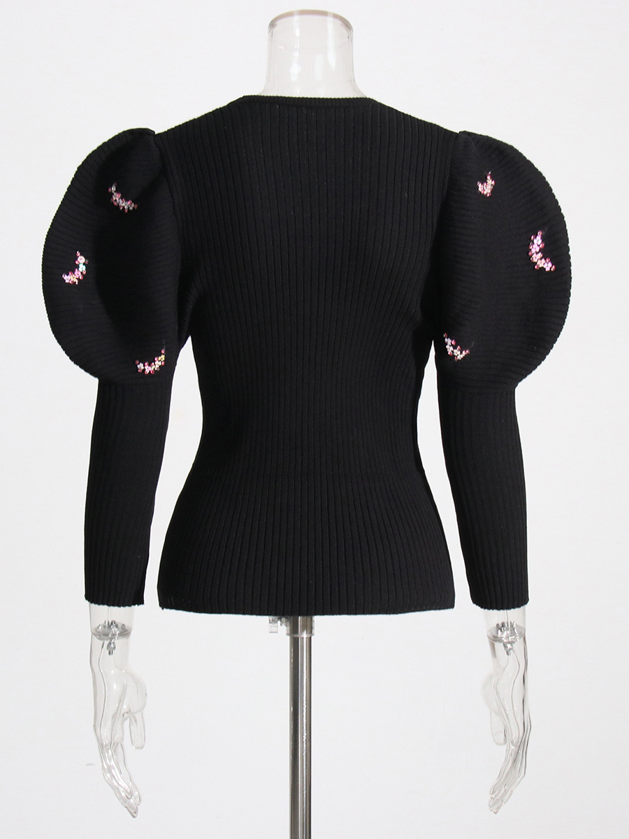 Bubble Sleeve Cardigan Niche Design Solid Color Sequin Sweater