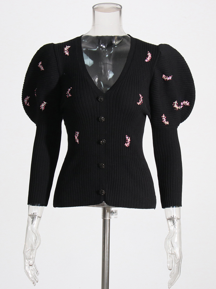 Bubble Sleeve Cardigan Niche Design Solid Color Sequin Sweater