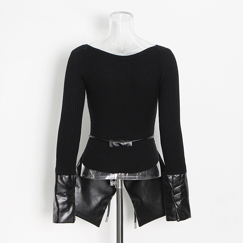 Irregular Patchwork Knitted Leather Crew Neck Sweater