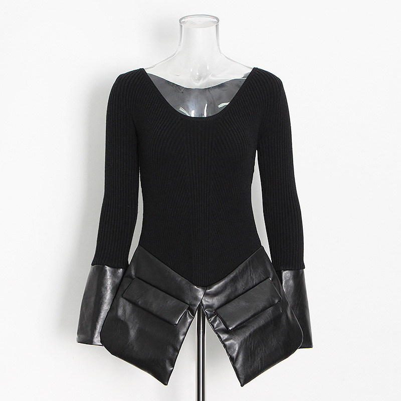 Irregular Patchwork Knitted Leather Crew Neck Sweater