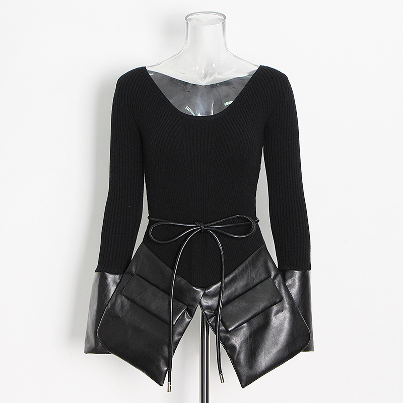 Irregular Patchwork Knitted Leather Crew Neck Sweater