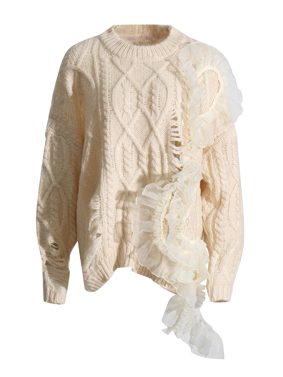 Hollow Embroidery Stitching Long Sleeve Mesh Irregular Sweater