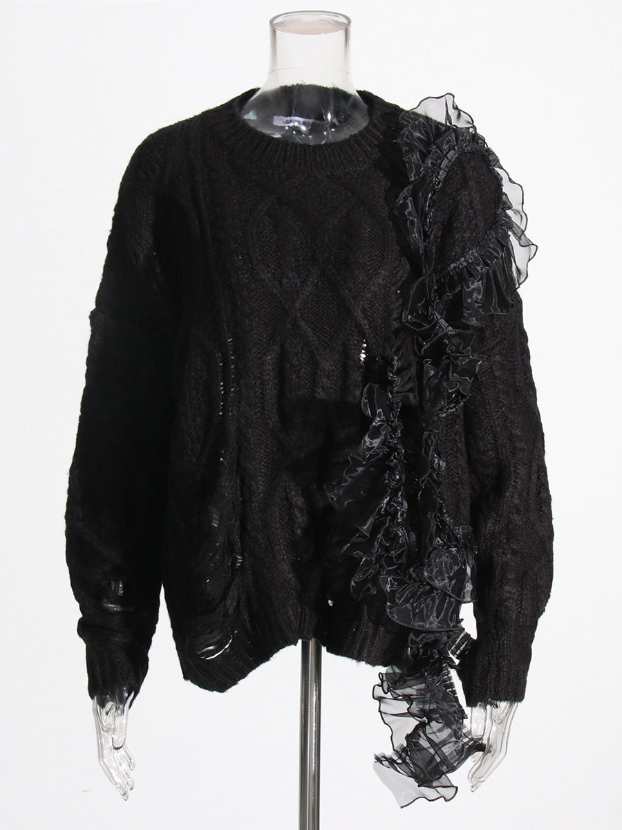 Hollow Embroidery Stitching Long Sleeve Mesh Irregular Sweater