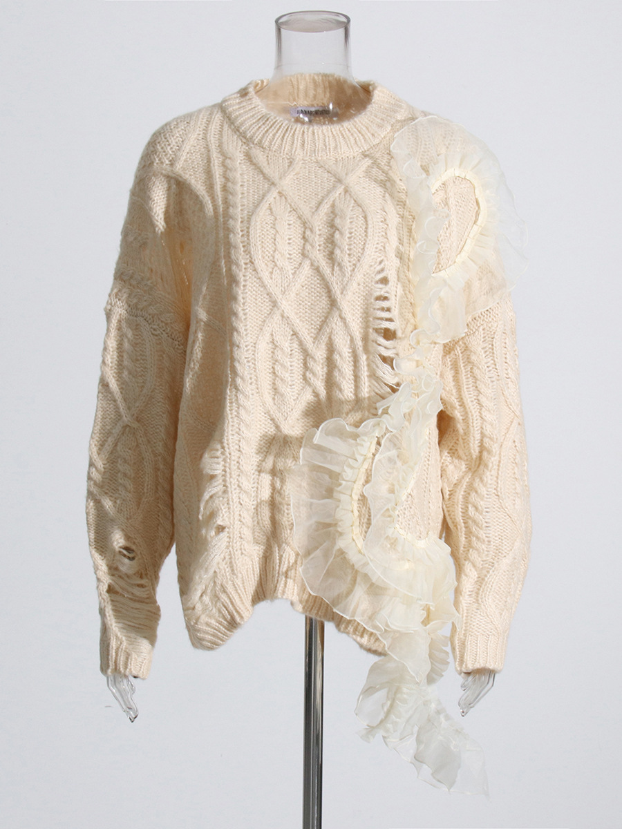 Hollow Embroidery Stitching Long Sleeve Mesh Irregular Sweater