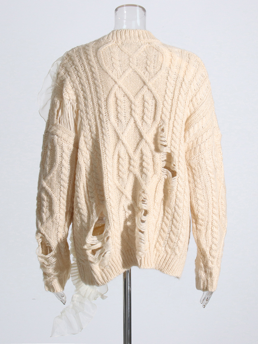 Hollow Embroidery Stitching Long Sleeve Mesh Irregular Sweater