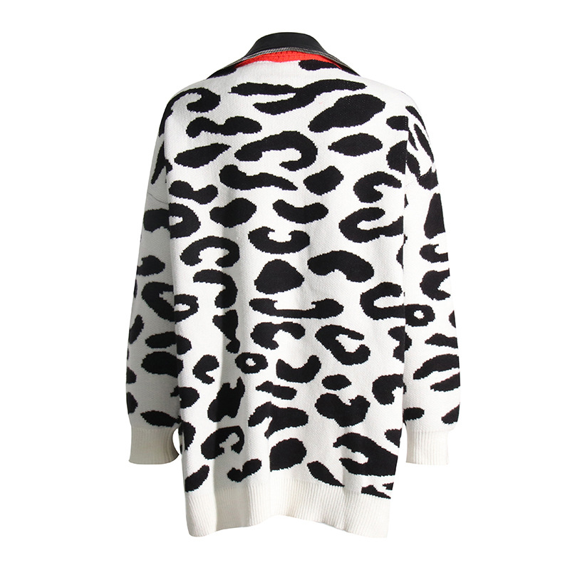 Leopard Print Knitted Sweater Patchwork Leather Jacket