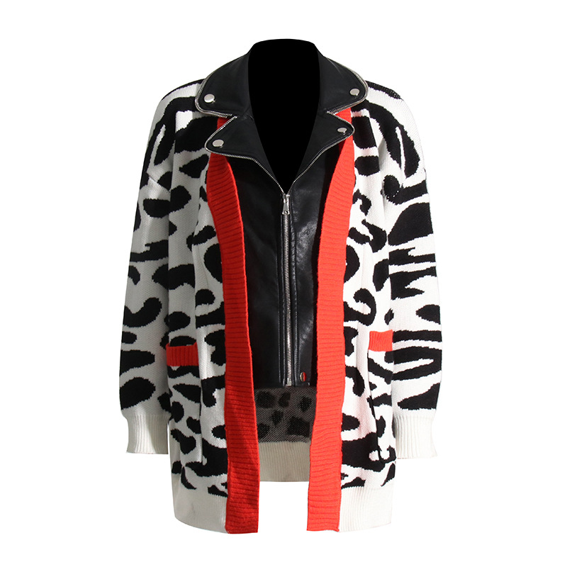 Leopard Print Knitted Sweater Patchwork Leather Jacket