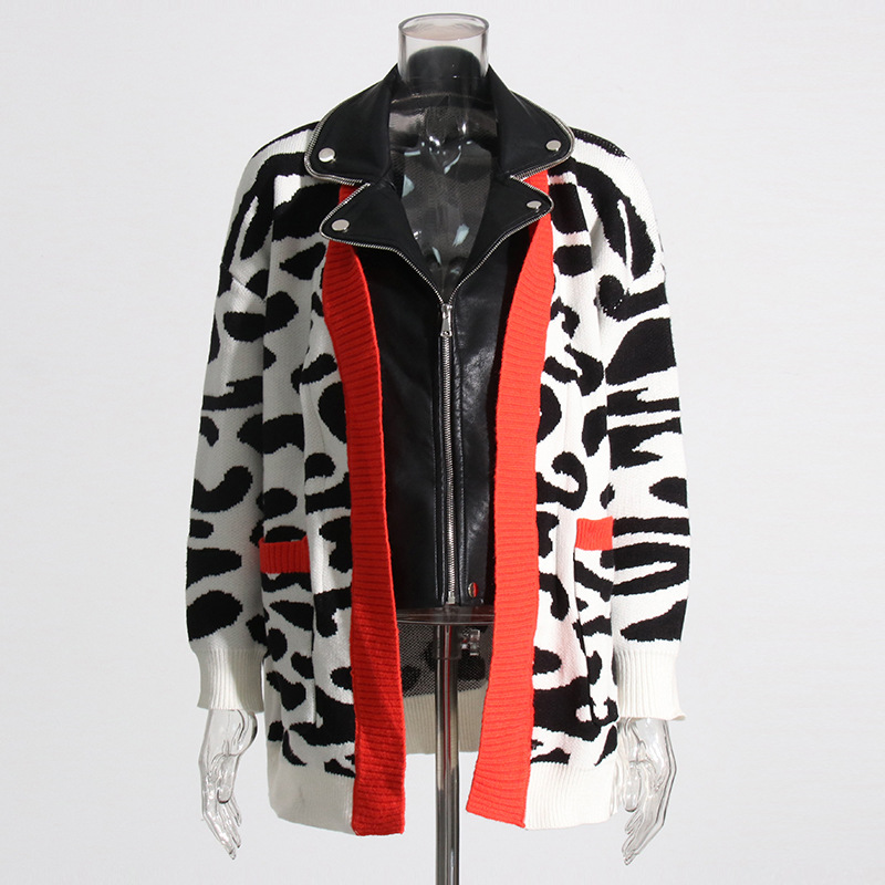 Leopard Print Knitted Sweater Patchwork Leather Jacket