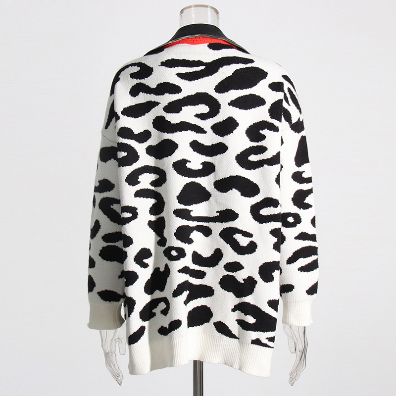 Leopard Print Knitted Sweater Patchwork Leather Jacket