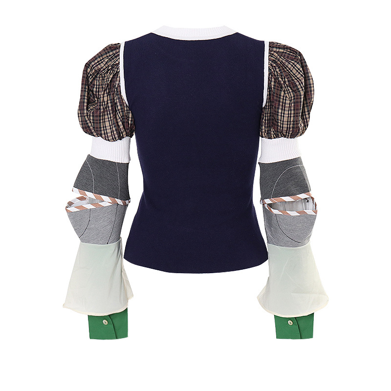 Removable Puffy Sleeve Knitted Patchwork Sweater