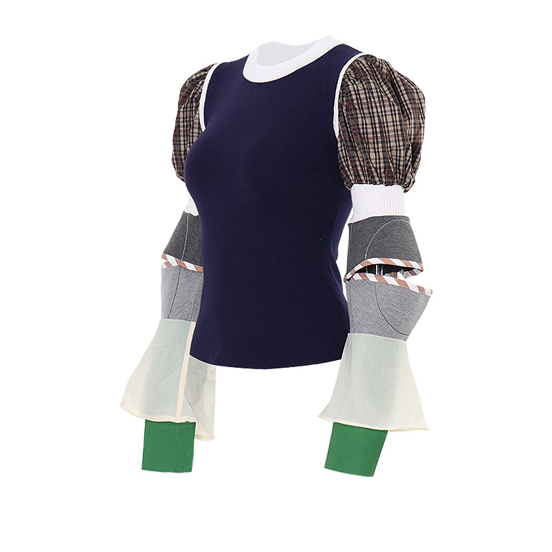 Removable Puffy Sleeve Knitted Patchwork Sweater