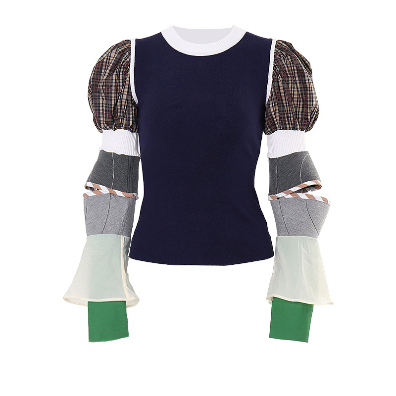 Removable Puffy Sleeve Knitted Patchwork Sweater