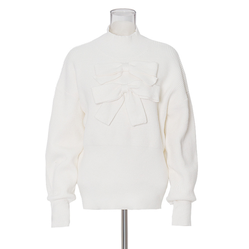 Standing Collar Waist Three-Dimensional Bow Slim Thin Knit Sweater