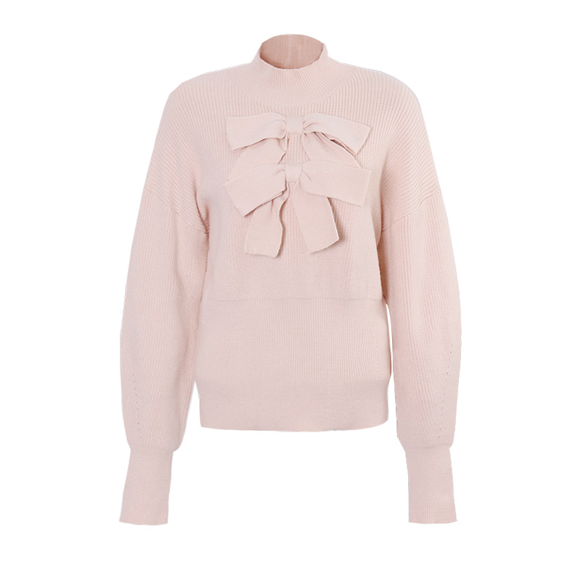 Standing Collar Waist Three-Dimensional Bow Slim Thin Knit Sweater