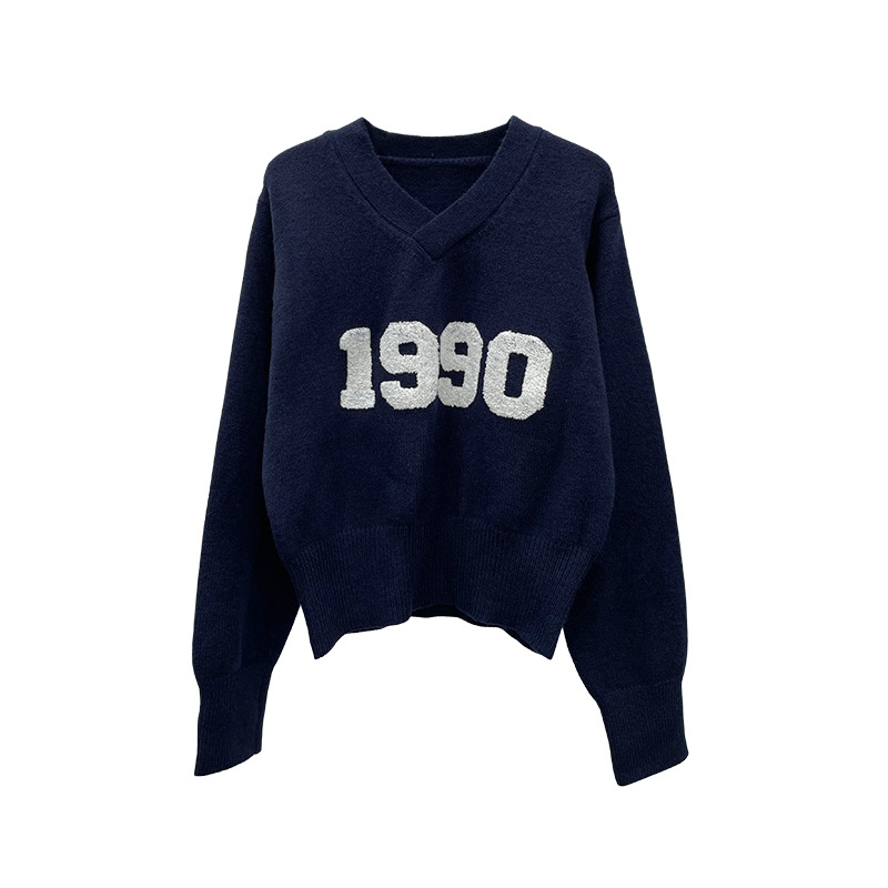 V-Neck Letter Print Long-Sleeved Jersey