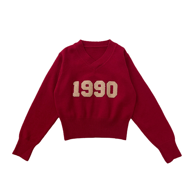 V-Neck Letter Print Long-Sleeved Jersey