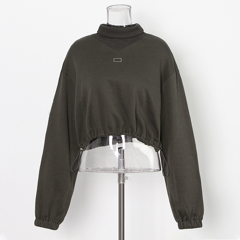 Stand Collar Exposed Umbilical Hem Elastic Waist Sweatshirt