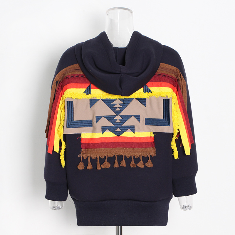Embroidery Stitching Double Zipper Casual Hooded Sweatshirt