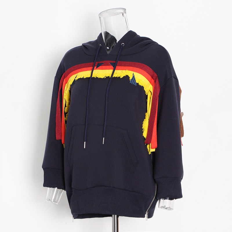 Embroidery Stitching Double Zipper Casual Hooded Sweatshirt