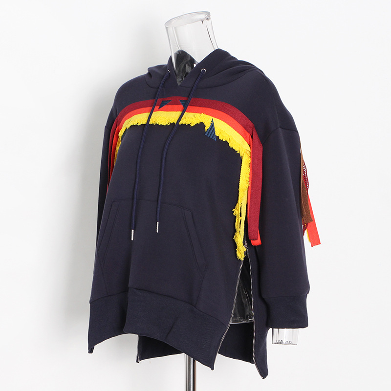 Embroidery Stitching Double Zipper Casual Hooded Sweatshirt