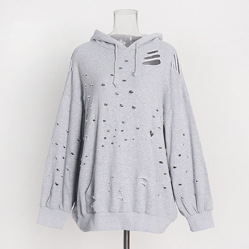 Hooded Hole Loose Pullover Sweatshirt