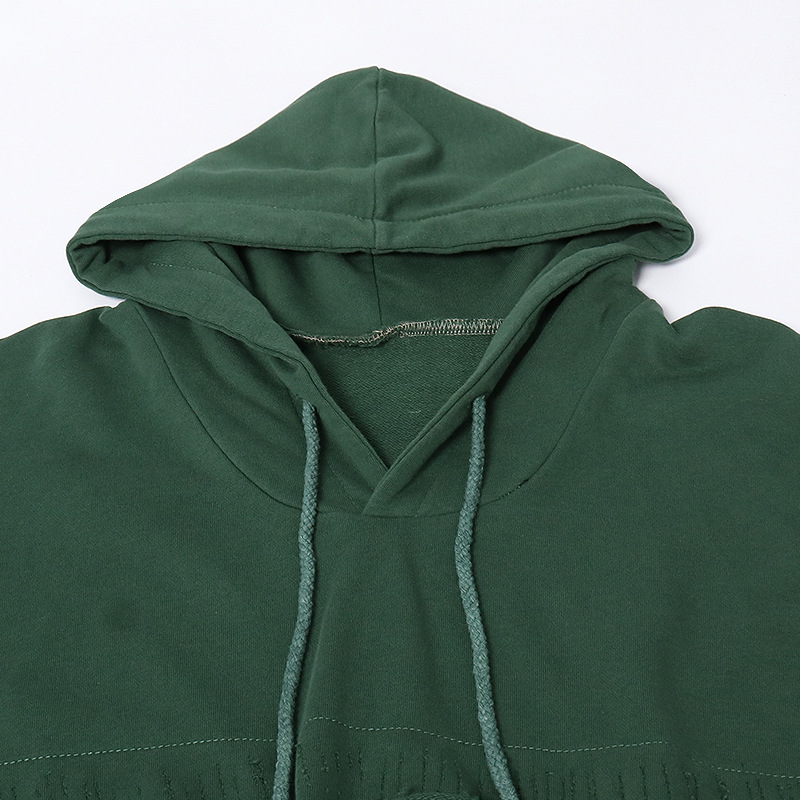 Long-Sleeved Hooded Sweatshirt Frayed High Waist