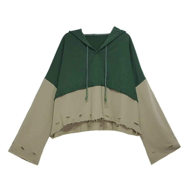 Long-Sleeved Hooded Sweatshirt Frayed High Waist