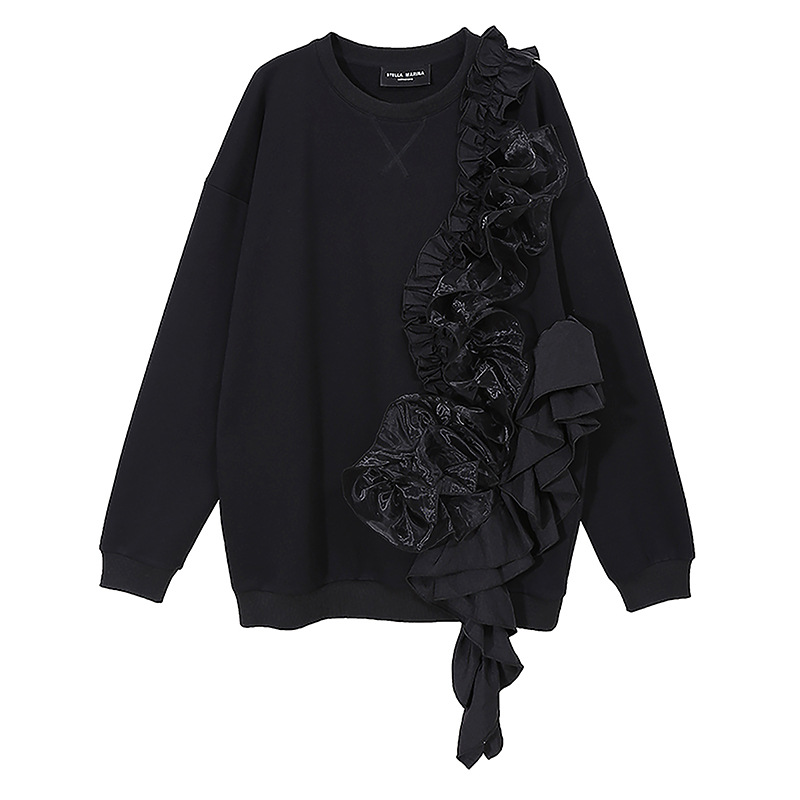 Loose Top Fleece Sweater Round Neck Lace Knit Sweatshirt
