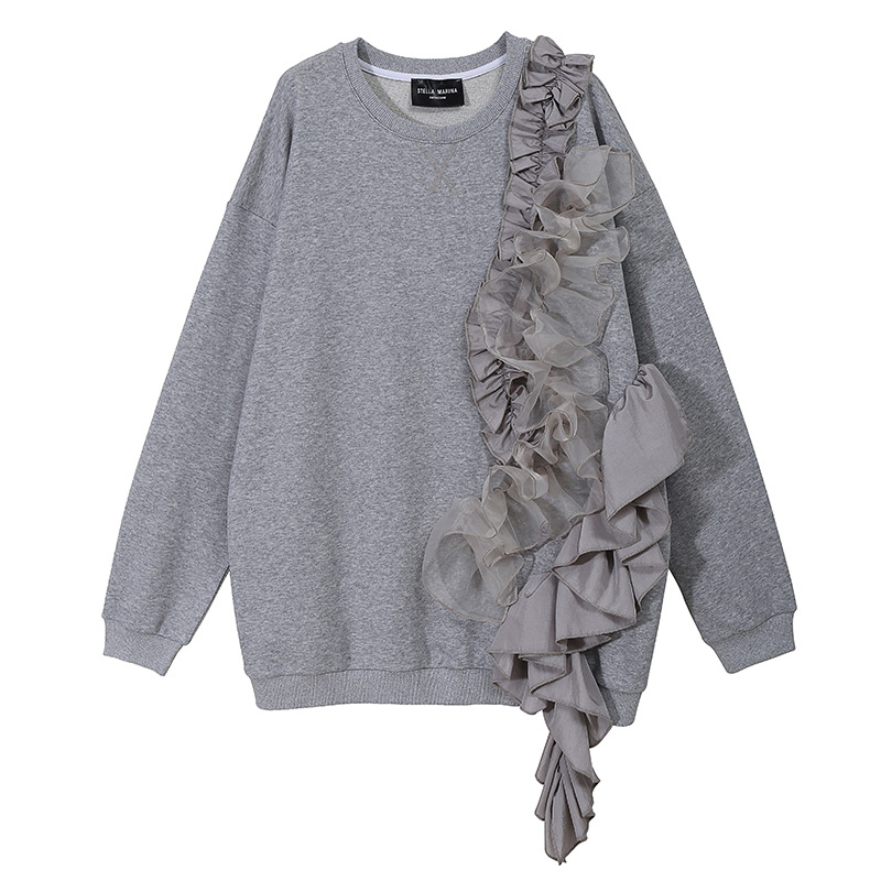 Loose Top Fleece Sweater Round Neck Lace Knit Sweatshirt