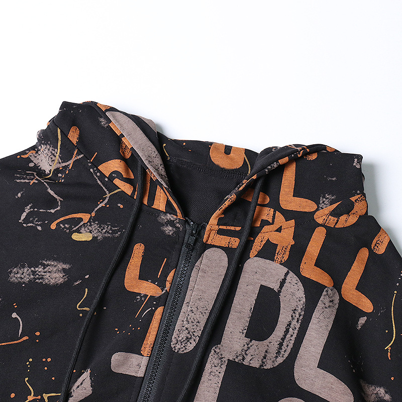 Printed Letters Street Style Cardigan Hooded Sweatshirt