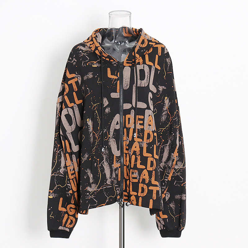 Printed Letters Street Style Cardigan Hooded Sweatshirt
