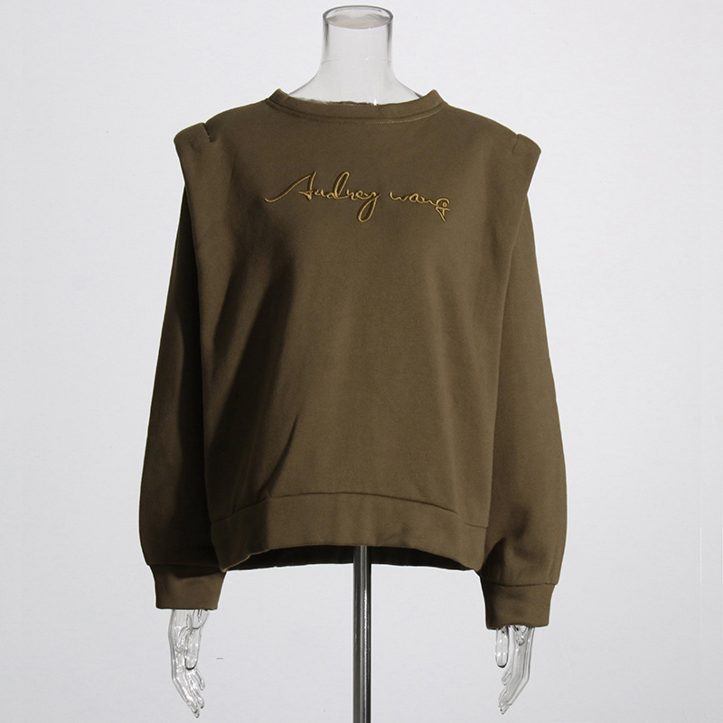 Round Neck Long Sleeve Embroidered Curry Padded Sweatshirt
