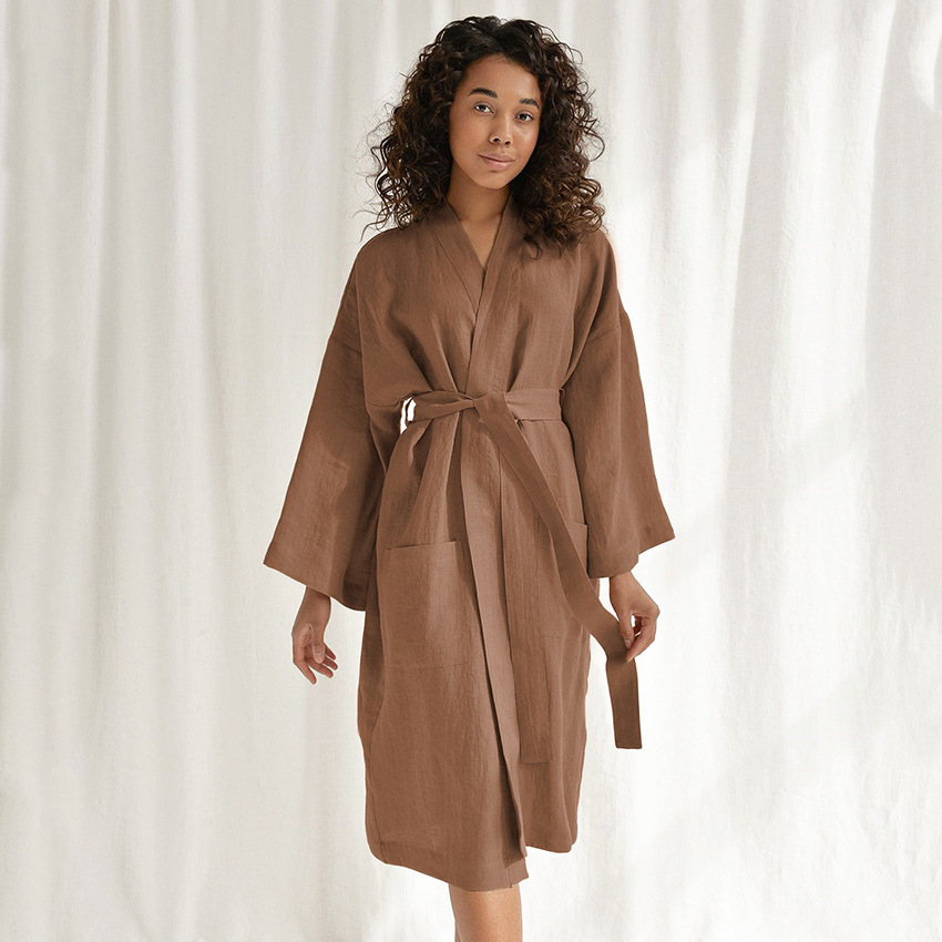 Cardigan Loose Cotton Linen Long-Sleeved Nightgown