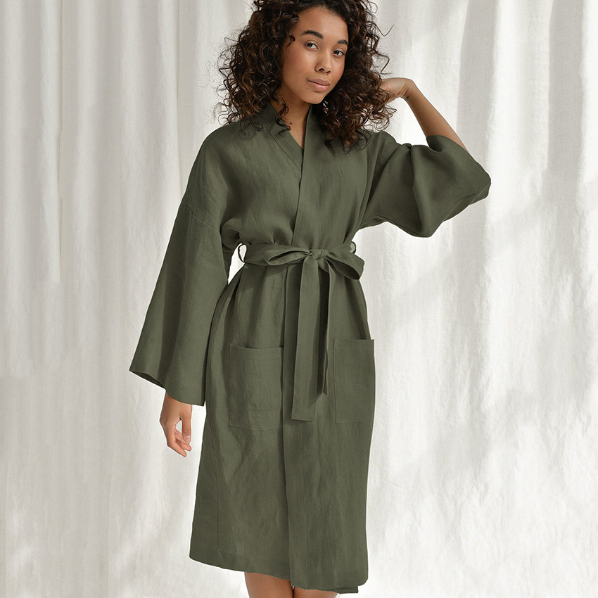 Cardigan Loose Cotton Linen Long-Sleeved Nightgown