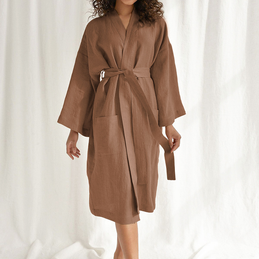 Cardigan Loose Cotton Linen Long-Sleeved Nightgown