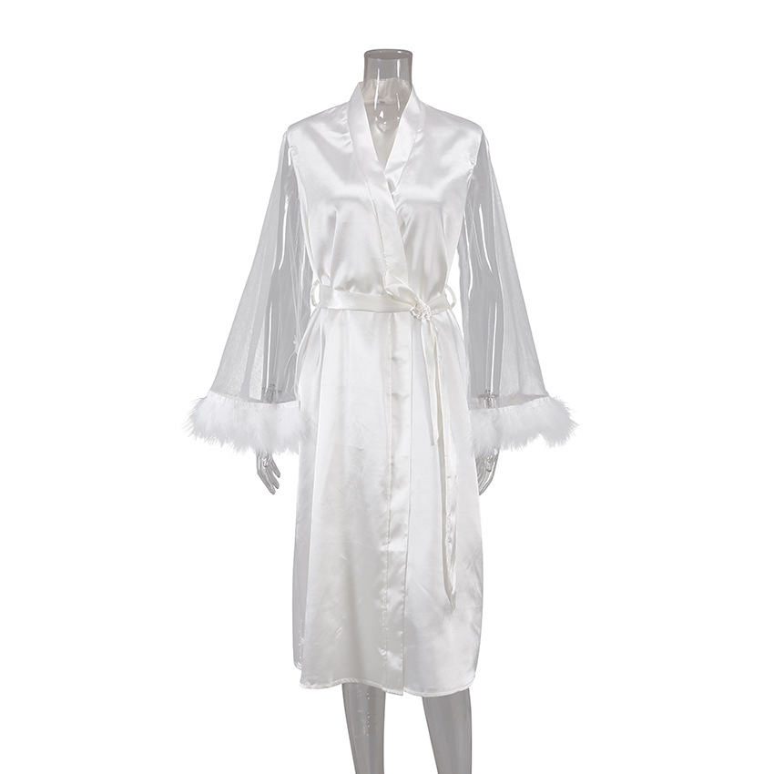 Long-Sleeved Feather Satin Nightgown