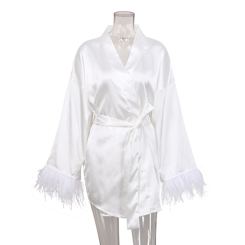 Long-Sleeved Feather Satin Nightgown