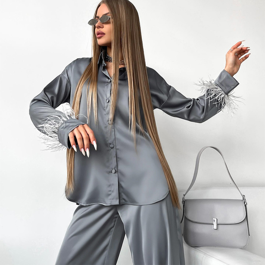 Feather Long Sleeve Texture Loose Ice Silk Pajama