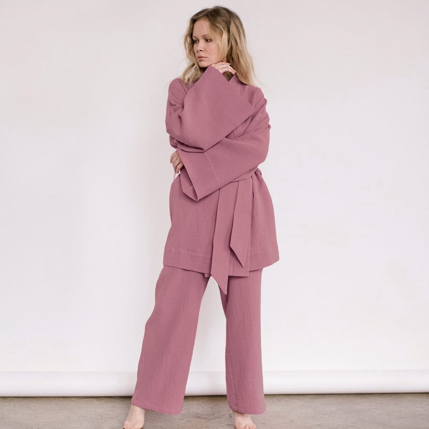 Long-Sleeved Loose Crepe Women'S Solid Nightgown