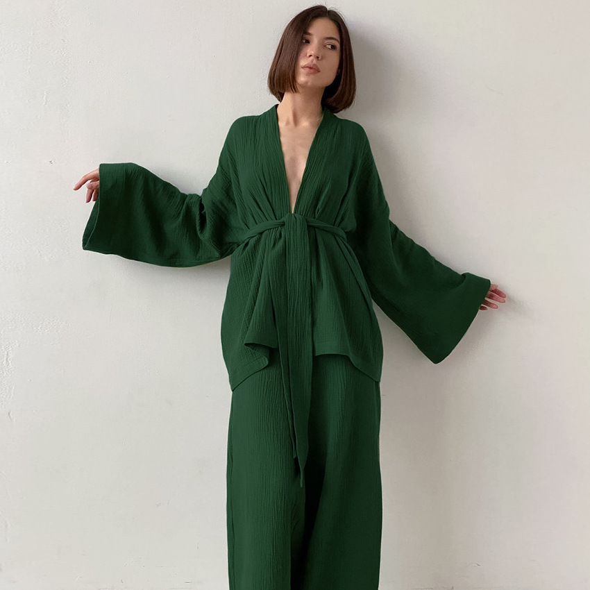Long-Sleeved Loose Crepe Women'S Solid Nightgown