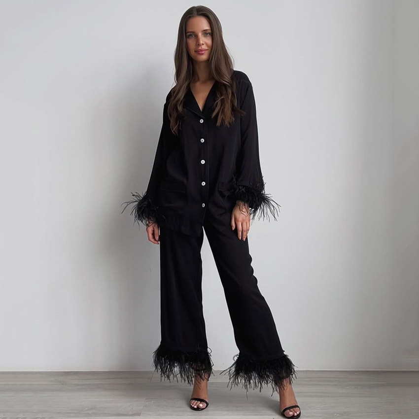 Long-Sleeved Ostrich Feather Pajamas Cotton Silk Pants