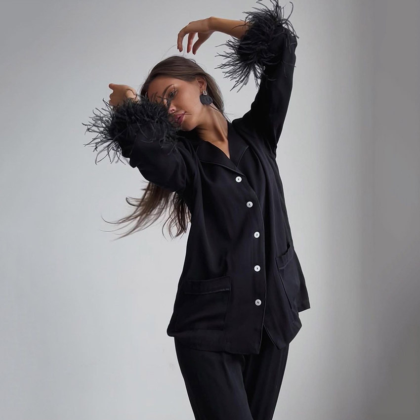 Long-Sleeved Ostrich Feather Pajamas Cotton Silk Pants